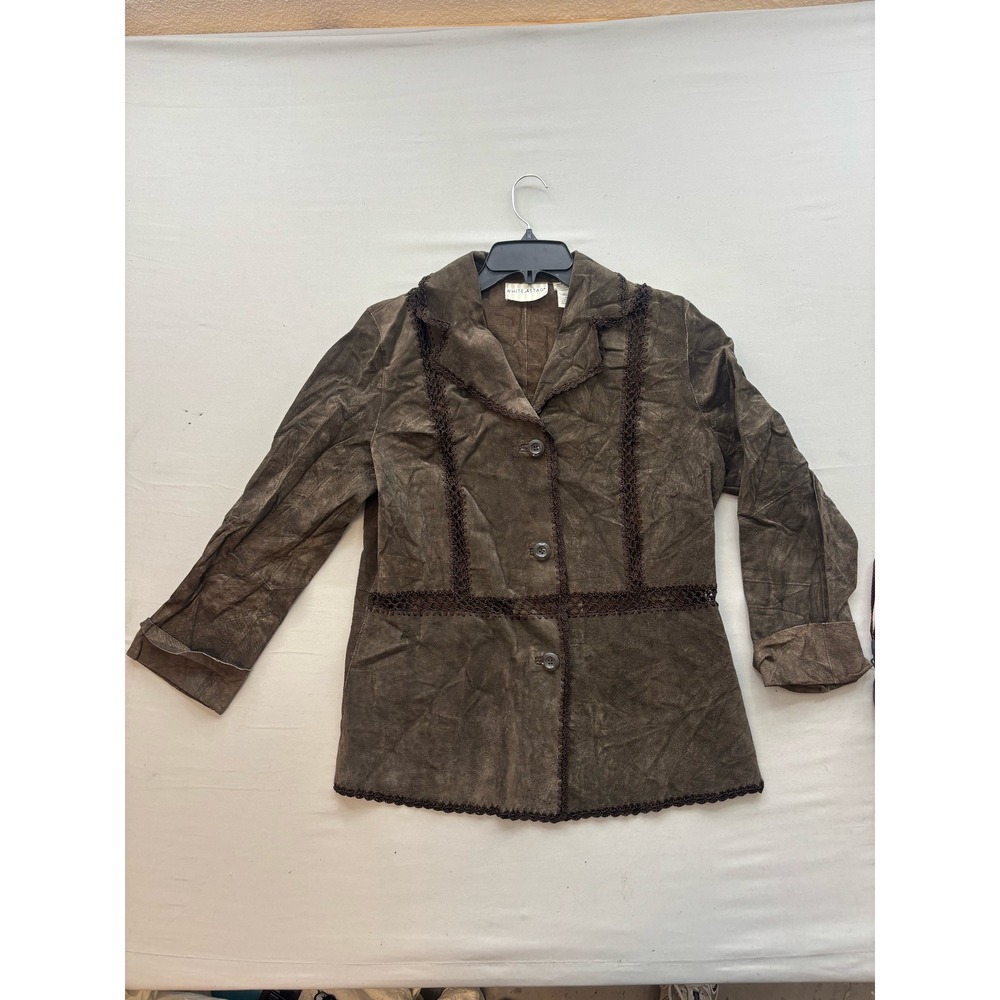 White Stag Brown Suede Leather Jacket Crochet Trim Button Front Blazer Medium